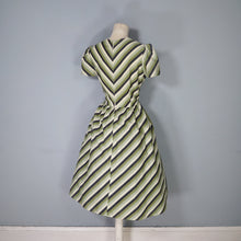 Load image into Gallery viewer, 60s SHARP GREEN AND BLACK CHEVRON STRIPE PUFF SLEEVE DAY DRESS - S