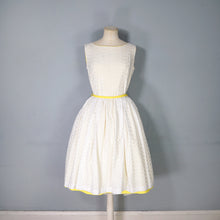 Load image into Gallery viewer, 60s YELLOW AND WHITE BRODERIE ANGLAISE FIT FULL SKIRTED DRESS WITH BELT - S
