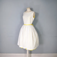 Load image into Gallery viewer, 60s YELLOW AND WHITE BRODERIE ANGLAISE FIT FULL SKIRTED DRESS WITH BELT - S