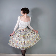 Load image into Gallery viewer, 50s WHITE COTTON FULL SKIRT WITH SCENIC PASTEL VILLAGE STREET PRINT - 25"