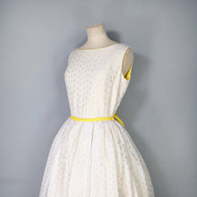 Load image into Gallery viewer, 60s YELLOW AND WHITE BRODERIE ANGLAISE FIT FULL SKIRTED DRESS WITH BELT - S