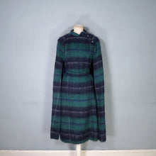 Load image into Gallery viewer, 70s DARK GREEN AND BLACK PLAID MOHAIR LONG CAPE COAT WITH BELT - M