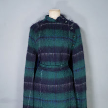 Load image into Gallery viewer, 70s DARK GREEN AND BLACK PLAID MOHAIR LONG CAPE COAT WITH BELT - M