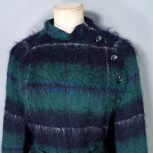 Load image into Gallery viewer, 70s DARK GREEN AND BLACK PLAID MOHAIR LONG CAPE COAT WITH BELT - M