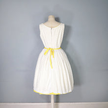 Load image into Gallery viewer, 60s YELLOW AND WHITE BRODERIE ANGLAISE FIT FULL SKIRTED DRESS WITH BELT - S