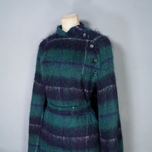 Load image into Gallery viewer, 70s DARK GREEN AND BLACK PLAID MOHAIR LONG CAPE COAT WITH BELT - M