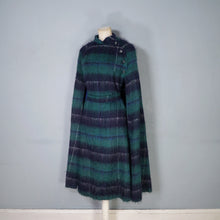 Load image into Gallery viewer, 70s DARK GREEN AND BLACK PLAID MOHAIR LONG CAPE COAT WITH BELT - M