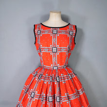 Load image into Gallery viewer, 50s CRISP RED SCARF PRINT FULL SKIRTED COTTON DAY DRESS - S