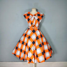 Load image into Gallery viewer, 50s BLACK, WHITE AND ORANGE CHECK DRESS WITH BIG COLLAR AND FULL SKIRT - S