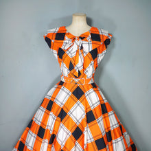 Load image into Gallery viewer, 50s BLACK, WHITE AND ORANGE CHECK DRESS WITH BIG COLLAR AND FULL SKIRT - S