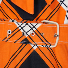 Load image into Gallery viewer, 50s BLACK, WHITE AND ORANGE CHECK DRESS WITH BIG COLLAR AND FULL SKIRT - S
