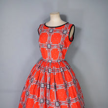 Load image into Gallery viewer, 50s CRISP RED SCARF PRINT FULL SKIRTED COTTON DAY DRESS - S
