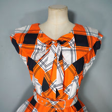 Load image into Gallery viewer, 50s BLACK, WHITE AND ORANGE CHECK DRESS WITH BIG COLLAR AND FULL SKIRT - S