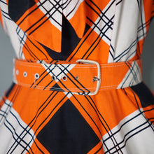 Load image into Gallery viewer, 50s BLACK, WHITE AND ORANGE CHECK DRESS WITH BIG COLLAR AND FULL SKIRT - S