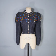 Load image into Gallery viewer, 80s TYROLEAN / AUSTRIAN PETROL BLUE FLORAL EMBROIDERED PUFF SLEEVE CARDIGAN - XS-S