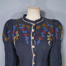 Load image into Gallery viewer, 80s TYROLEAN / AUSTRIAN PETROL BLUE FLORAL EMBROIDERED PUFF SLEEVE CARDIGAN - XS-S