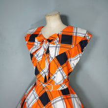 Load image into Gallery viewer, 50s BLACK, WHITE AND ORANGE CHECK DRESS WITH BIG COLLAR AND FULL SKIRT - S