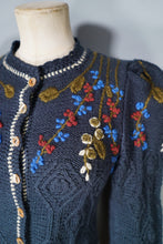 Load image into Gallery viewer, 80s TYROLEAN / AUSTRIAN PETROL BLUE FLORAL EMBROIDERED PUFF SLEEVE CARDIGAN - XS-S