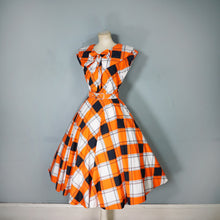 Load image into Gallery viewer, 50s BLACK, WHITE AND ORANGE CHECK DRESS WITH BIG COLLAR AND FULL SKIRT - S