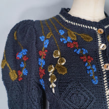 Load image into Gallery viewer, 80s TYROLEAN / AUSTRIAN PETROL BLUE FLORAL EMBROIDERED PUFF SLEEVE CARDIGAN - XS-S