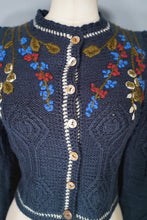 Load image into Gallery viewer, 80s TYROLEAN / AUSTRIAN PETROL BLUE FLORAL EMBROIDERED PUFF SLEEVE CARDIGAN - XS-S