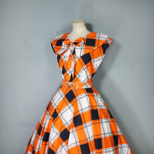 Load image into Gallery viewer, 50s BLACK, WHITE AND ORANGE CHECK DRESS WITH BIG COLLAR AND FULL SKIRT - S