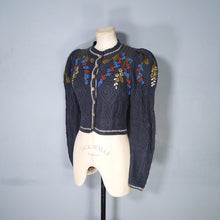 Load image into Gallery viewer, 80s TYROLEAN / AUSTRIAN PETROL BLUE FLORAL EMBROIDERED PUFF SLEEVE CARDIGAN - XS-S