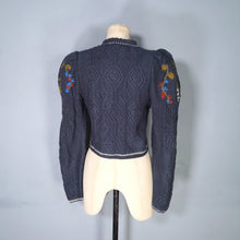 Load image into Gallery viewer, 80s TYROLEAN / AUSTRIAN PETROL BLUE FLORAL EMBROIDERED PUFF SLEEVE CARDIGAN - XS-S