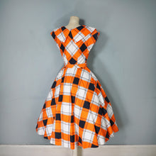 Load image into Gallery viewer, 50s BLACK, WHITE AND ORANGE CHECK DRESS WITH BIG COLLAR AND FULL SKIRT - S