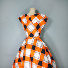 Load image into Gallery viewer, 50s BLACK, WHITE AND ORANGE CHECK DRESS WITH BIG COLLAR AND FULL SKIRT - S