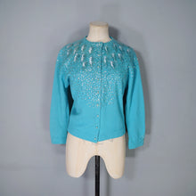 Load image into Gallery viewer, 50s 60s BRIGHT TURQUOISE WOOL CARDIGAN WITH IRRIDESCENT SEQUINS - M