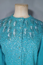Load image into Gallery viewer, 50s 60s BRIGHT TURQUOISE WOOL CARDIGAN WITH IRRIDESCENT SEQUINS - M