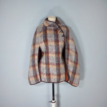 Load image into Gallery viewer, 70s FLUFFY LONG HAIRED MOHAIR GREY AND BROWN CHECK BLANKET CAPE COAT - S-M