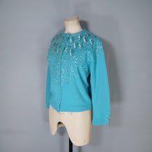 Load image into Gallery viewer, 50s 60s BRIGHT TURQUOISE WOOL CARDIGAN WITH IRRIDESCENT SEQUINS - M