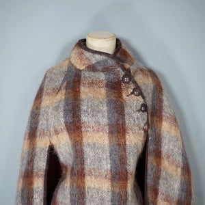 70s FLUFFY LONG HAIRED MOHAIR GREY AND BROWN CHECK BLANKET CAPE COAT - S-M
