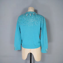 Load image into Gallery viewer, 50s 60s BRIGHT TURQUOISE WOOL CARDIGAN WITH IRRIDESCENT SEQUINS - M