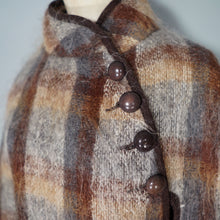Load image into Gallery viewer, 70s FLUFFY LONG HAIRED MOHAIR GREY AND BROWN CHECK BLANKET CAPE COAT - S-M