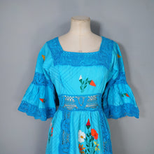 Load image into Gallery viewer, HANDMADE 70s VIVID TURQUOISE EMBROIDERED MEXICAN MAXI DRESS - S