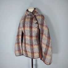 Load image into Gallery viewer, 70s FLUFFY LONG HAIRED MOHAIR GREY AND BROWN CHECK BLANKET CAPE COAT - S-M