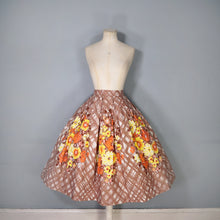 Load image into Gallery viewer, 50s BROWN WITH YELLOW AND ORANGE FLOWER PRINT FULL COTTON SKIRT - 30"