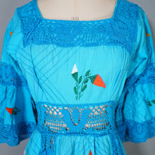 Load image into Gallery viewer, HANDMADE 70s VIVID TURQUOISE EMBROIDERED MEXICAN MAXI DRESS - S