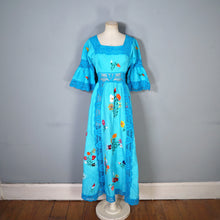 Load image into Gallery viewer, HANDMADE 70s VIVID TURQUOISE EMBROIDERED MEXICAN MAXI DRESS - S
