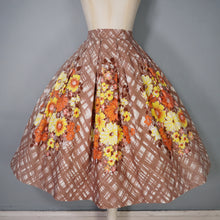 Load image into Gallery viewer, 50s BROWN WITH YELLOW AND ORANGE FLOWER PRINT FULL COTTON SKIRT - 30"