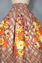 Load image into Gallery viewer, 50s BROWN WITH YELLOW AND ORANGE FLOWER PRINT FULL COTTON SKIRT - 30"