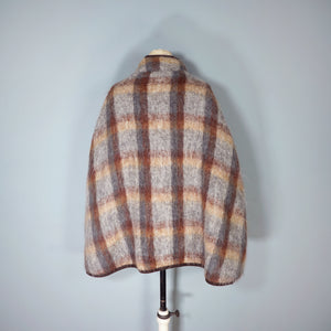 70s FLUFFY LONG HAIRED MOHAIR GREY AND BROWN CHECK BLANKET CAPE COAT - S-M