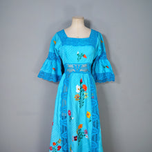 Load image into Gallery viewer, HANDMADE 70s VIVID TURQUOISE EMBROIDERED MEXICAN MAXI DRESS - S