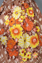 Load image into Gallery viewer, 50s BROWN WITH YELLOW AND ORANGE FLOWER PRINT FULL COTTON SKIRT - 30"