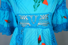 Load image into Gallery viewer, HANDMADE 70s VIVID TURQUOISE EMBROIDERED MEXICAN MAXI DRESS - S