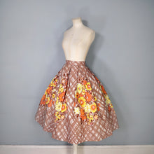 Load image into Gallery viewer, 50s BROWN WITH YELLOW AND ORANGE FLOWER PRINT FULL COTTON SKIRT - 30"