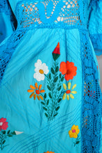 Load image into Gallery viewer, HANDMADE 70s VIVID TURQUOISE EMBROIDERED MEXICAN MAXI DRESS - S